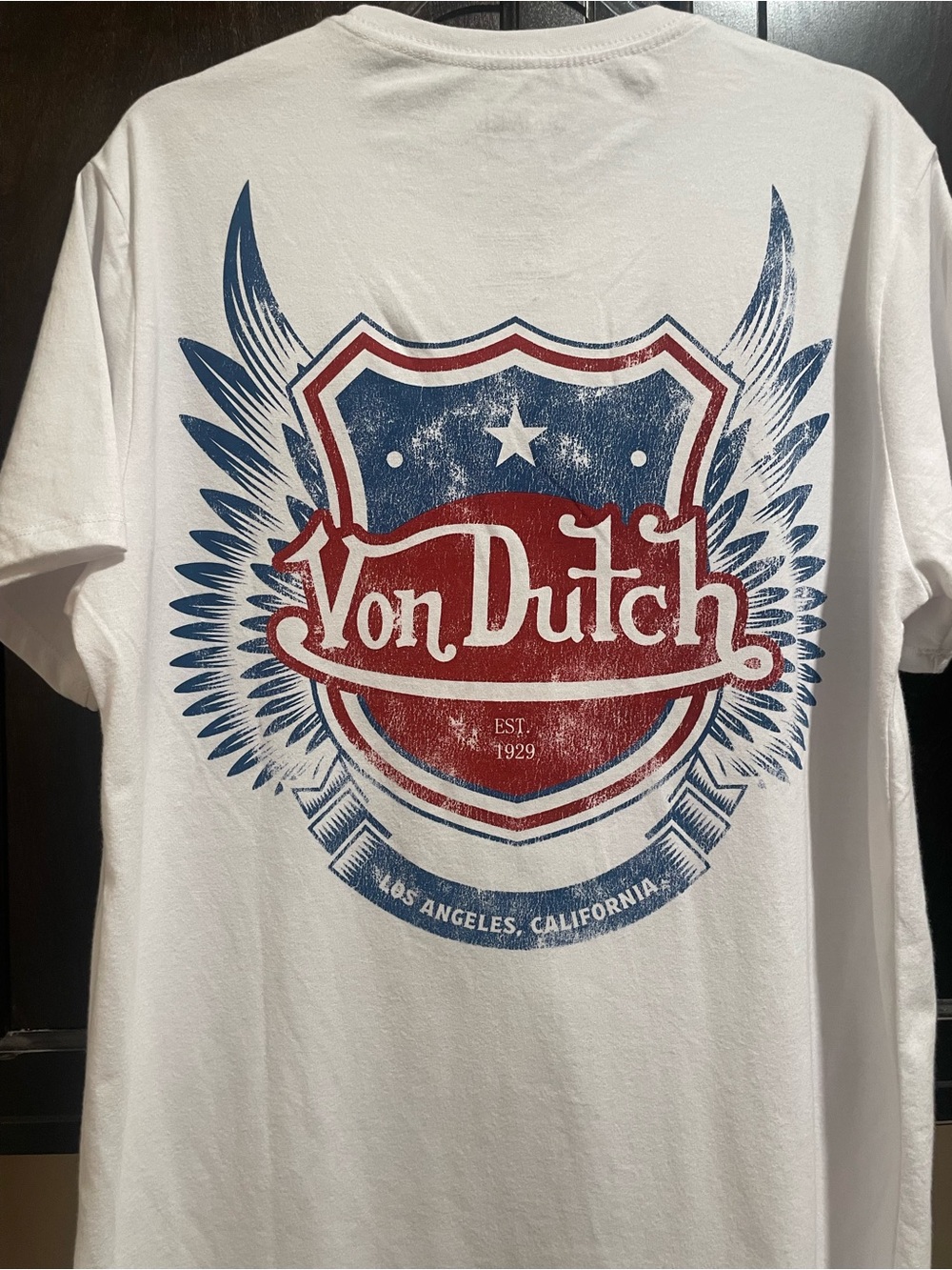 NWT White Von Dutch Tee Large Red White & Blue Shield with Wings